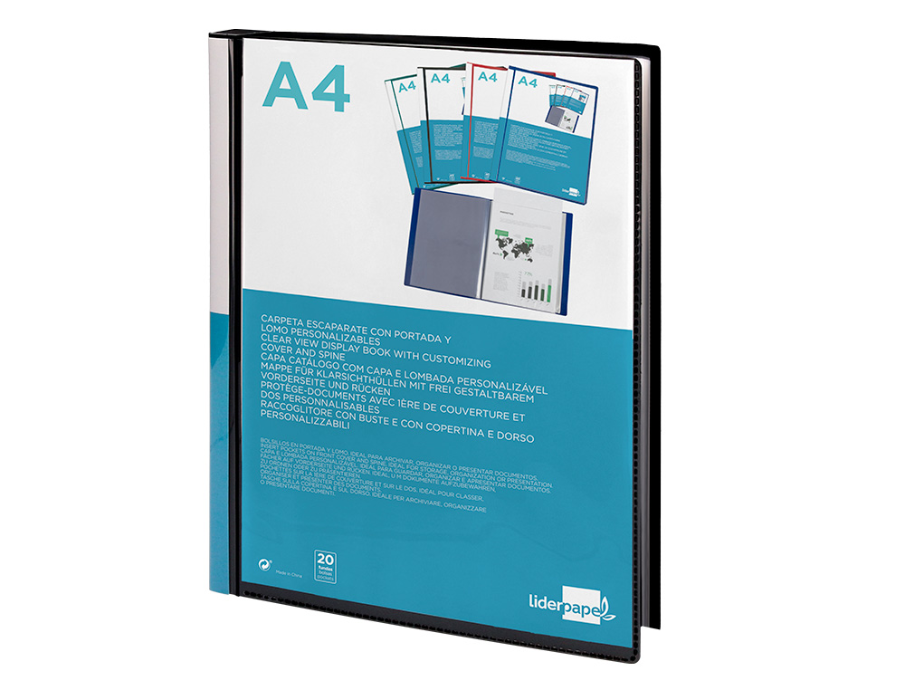 PROTÈGE-DOCUMENTS LIDERPAPEL PERSONNALISABLE KANGOUROU POLYPROPYLÈNE 20 POCHETTES FIXES A4 210X297MM COLORIS NOIR