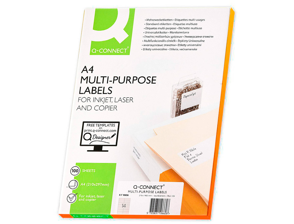 TIQUETTE ADHSIVE Q-CONNECT 105X42.3MM COINS DROITS IMPRIMANTE JET D'ENCRE LASER COPIEUR BOTE 100 FEUILLES 1400 UNITS