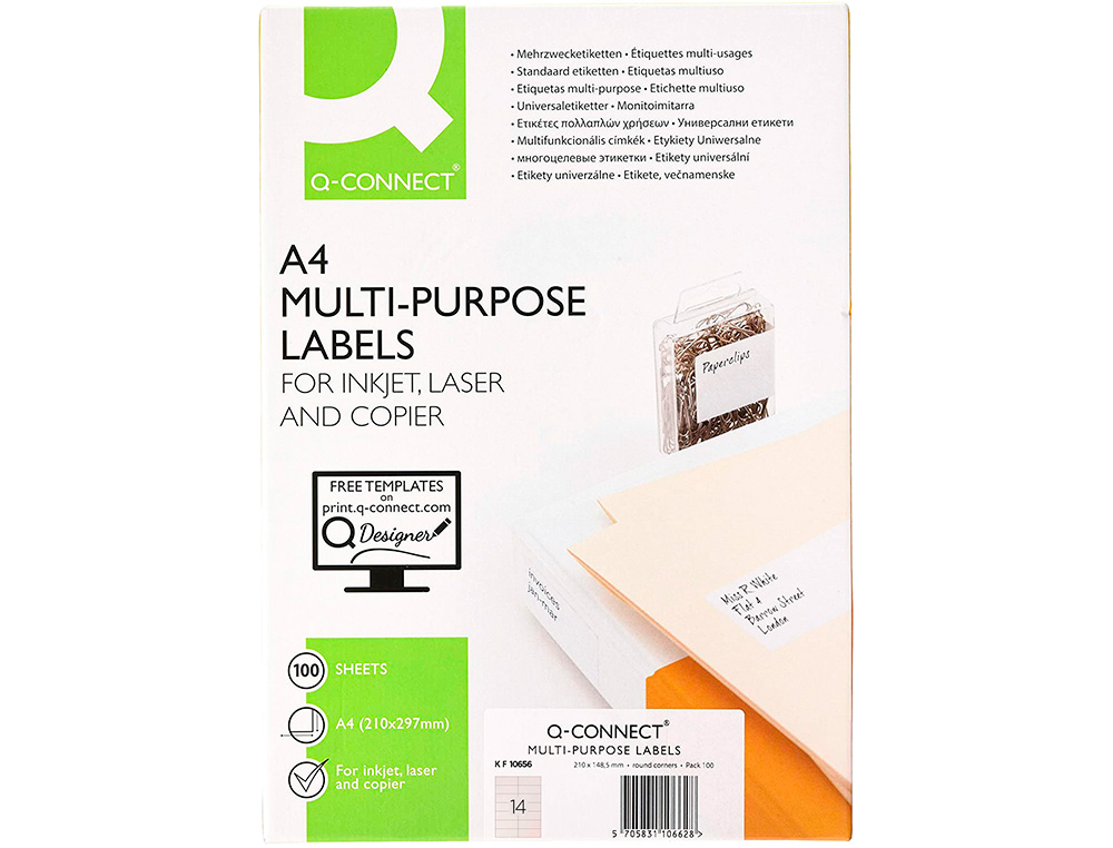 TIQUETTE ADHSIVE Q-CONNECT 105X42.3MM COINS DROITS IMPRIMANTE JET D'ENCRE LASER COPIEUR BOTE 100 FEUILLES 1400 UNITS