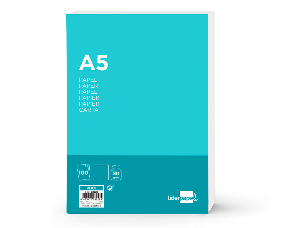 PAPIER CRITURE LIDERPAPEL A5 148X210MM BLANCHEUR EXTRA OPACIT 80G/M2 PAQUET 100 FEUILLES