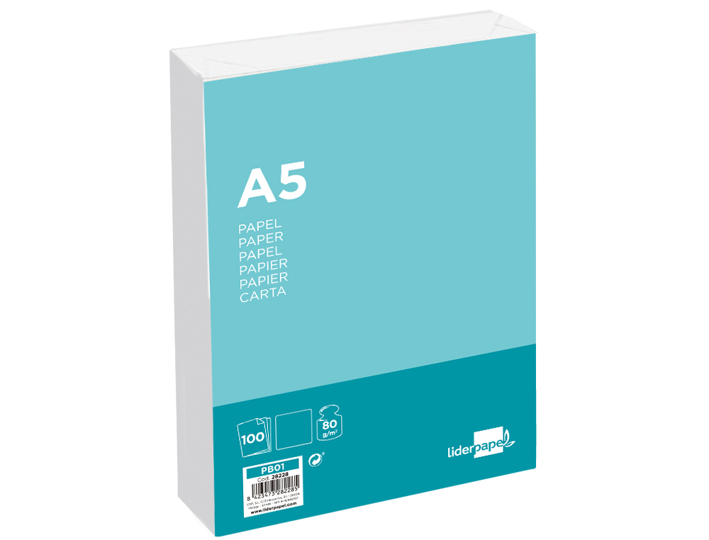 PAPIER CRITURE LIDERPAPEL A5 148X210MM BLANCHEUR EXTRA OPACIT 80G/M2 PAQUET 100 FEUILLES