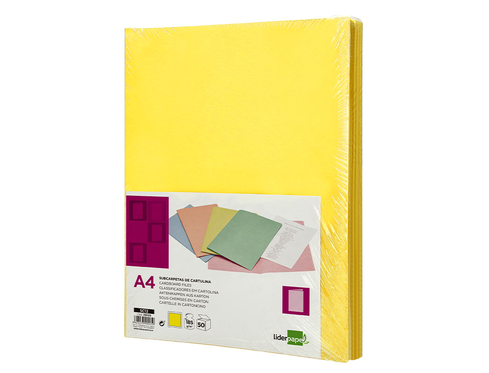 SOUS-CHEMISE LIDERPAPEL PAPIER CARTONN 180G 310X230MM DOCUMENT A4 210X297MM COLORIS PASTEL JAUNE INTENSE