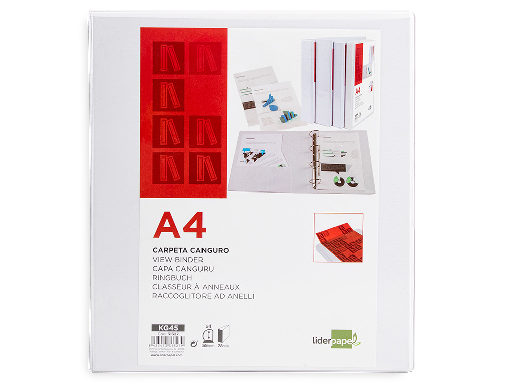 CLASSEUR KANGOUROU LIDERPAPEL 4 ANNEAUX 55MM 283X320MM DOCUMENT A4 PLASTIQUE DOS 78MM COLORIS BLANC