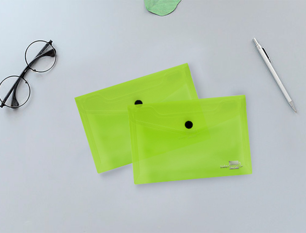 POCHETTE ENVELOPPE LIDERPAPEL POLYPROPYLNE 180 MICRONS A7 105X74MM 50F FERMETURE BOUTON RSISTANT TRANSPARENT VERT