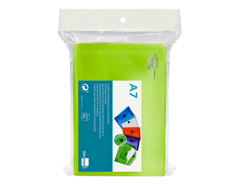 POCHETTE ENVELOPPE LIDERPAPEL POLYPROPYLNE 180 MICRONS A7 105X74MM 50F FERMETURE BOUTON RSISTANT TRANSPARENT VERT