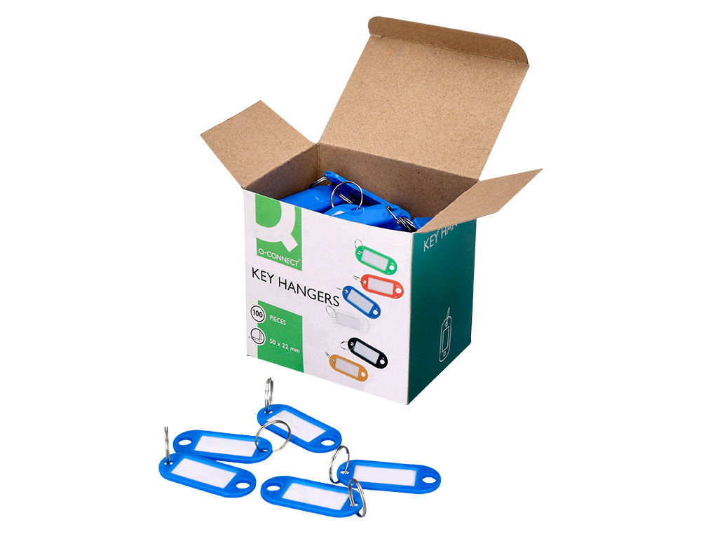 PORTE-CLÉS Q-CONNECT PORTE-ÉTIQUETTE PLASTIQUE 50X22MM COLORIS BLEU PRÉSENTOIR 100 UNITÉS