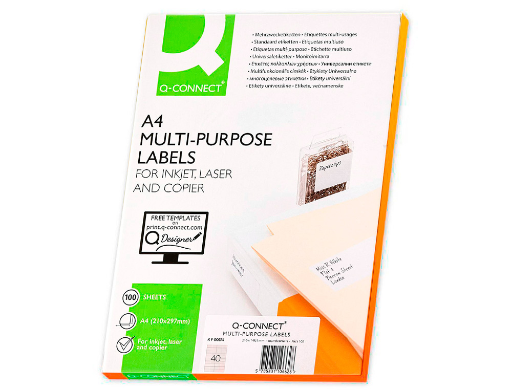 TIQUETTE ADHSIVE Q-CONNECT 52.5X29.7MM COINS DROITS IMPRIMANTE JET ENCRE LASER COPIEUR BOTE 100 FEUILLES 4000 UNITS