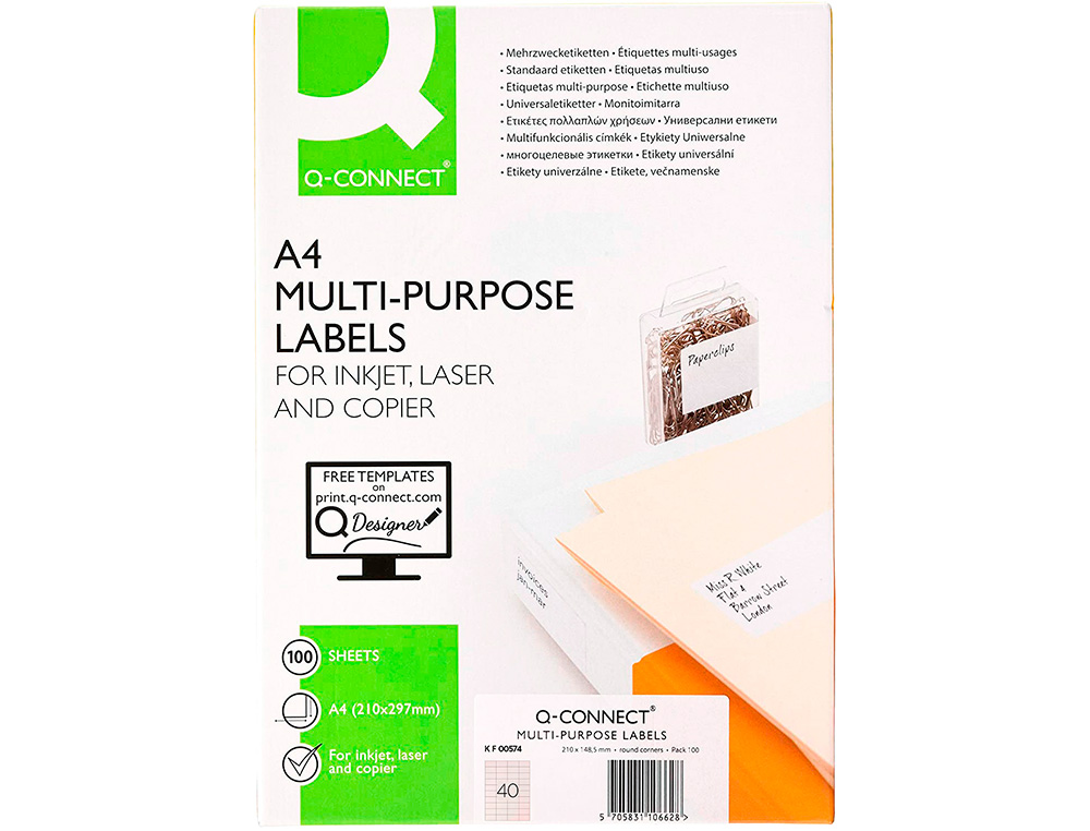TIQUETTE ADHSIVE Q-CONNECT 52.5X29.7MM COINS DROITS IMPRIMANTE JET ENCRE LASER COPIEUR BOTE 100 FEUILLES 4000 UNITS