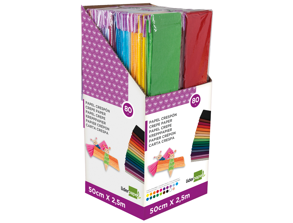 PAPIER CRPON CELLOPHANE LIDERPAPEL 50CMX2.50M PRSENTOIRE 80U COLORIS ASSORTIS