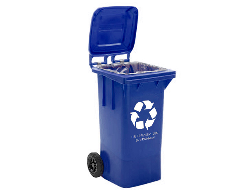 POUBELLE Q-CONNECT CONTENEUR POLYSTYRNE COUVERCLE 100L 525X510X800MM 2 ROUES COLORIS BLEU