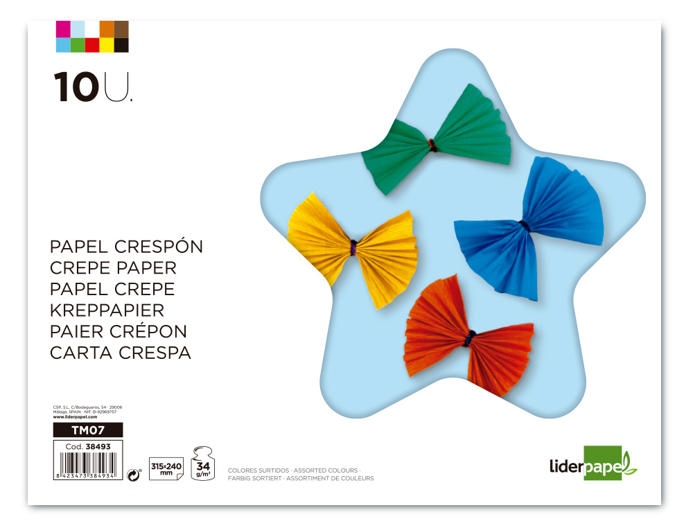 PAPIER CRÉPON LIDERPAPEL 34G/M2 FORMAT A4+ 240X315MM 10 COLORIS ASSORTIS BLOC 10 FEUILLES