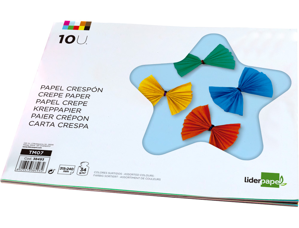 PAPIER CRÉPON LIDERPAPEL 34G/M2 FORMAT A4+ 240X315MM 10 COLORIS ASSORTIS BLOC 10 FEUILLES