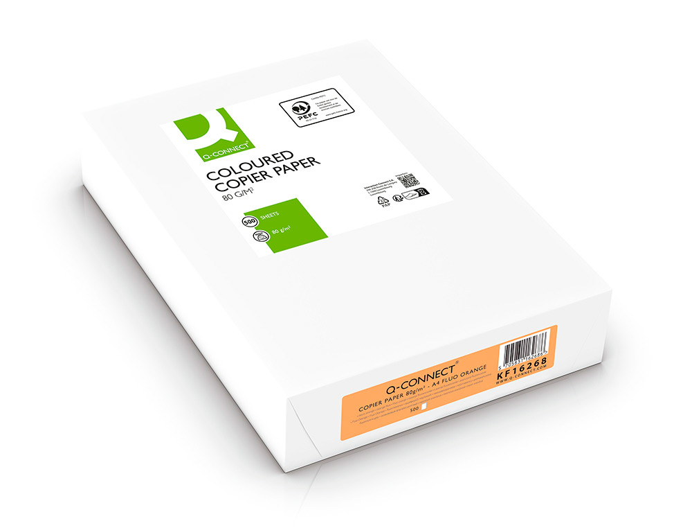 PAPIER COULEUR Q-CONNECT MULTIFONCTION A4 80G/M2 UNICOLORE ORANGE NÉON RAMETTE 500 FEUILLES
