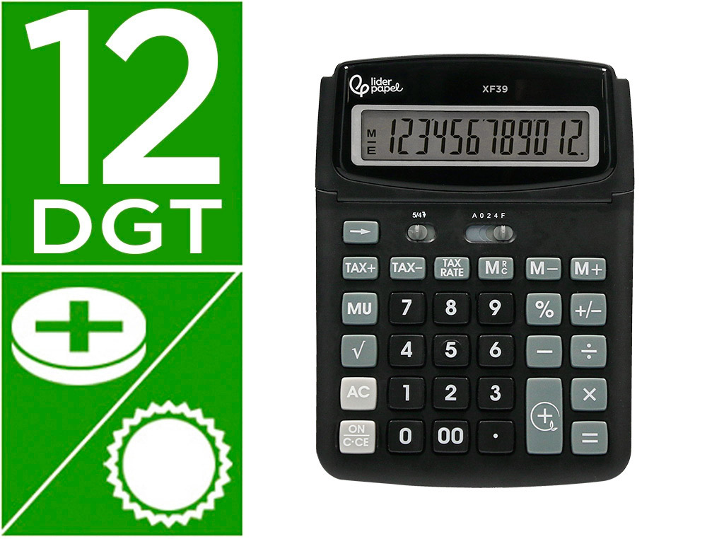 CALCULATRICE DE BUREAU LIDERPAPEL XF39 12 CHIFFRES   SOLAIRE ET PILES 190X140X32MM COLORIS NOIR