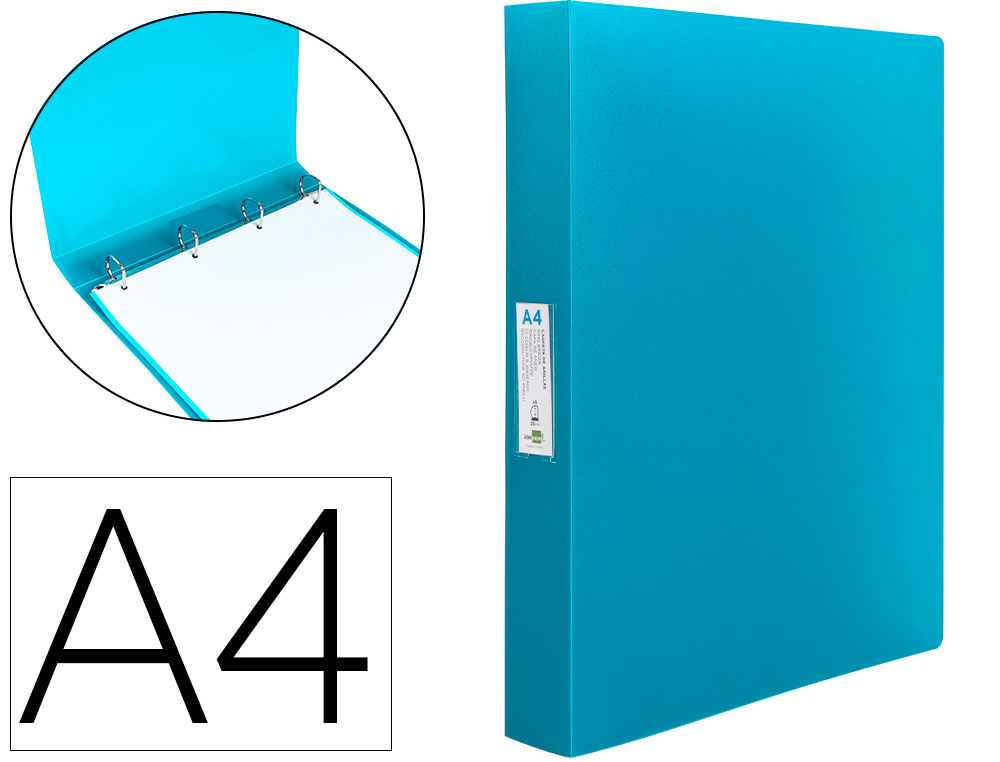 CLASSEUR LIDERPAPEL 4 ANNEAUX 25MM A4 260X315MM POLYPROPYLENE DOS 40MM PORTE-CARTES VISITE COLORIS BLEU